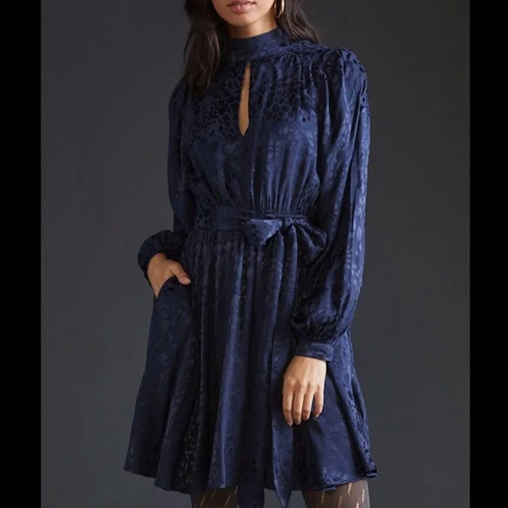 NWT Anthropologie Navy Blue Jacquard Mini Dress Keyhole Neck with Belt size XL